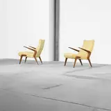 P71 lounge chairs, pair by Osvaldo Borsani, 1954, upholstery, Italian walnut, sold Apr 2012