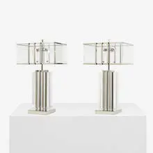 Edison table lamps, pair by Charles Hollis Jones, 1970, acrylic, chrome-plated steel, sold Apr 2012