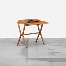 Rena Dumas, Pippa folding desk, 1991, pear wood, natural box leather, brass