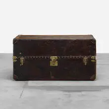 Louis Vuitton, trunk, c. 1920, leather over wood, oak, brass, leather, oil cloth