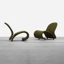 1-2-3 System lounge chairs model G, pair by Verner Panton, 1973, upholstery, chrome-plated steel, stained maple, sold Apr 2012