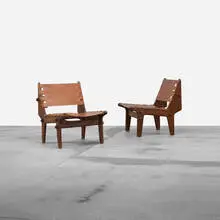 Ecuadorian, lounge chairs, pair, c. 1965, rosewood, leather, stained oak, fruitwood