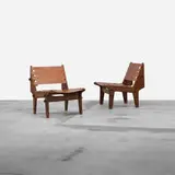 Ecuadorian, lounge chairs, pair, c. 1965, rosewood, leather, stained oak, fruitwood