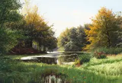 Peder Mørk Mønsted, A spring day in the forest with a stream, oil on canvas
