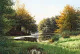 Peder Mørk Mønsted, A spring day in the forest with a stream, oil on canvas