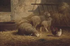 Charles Jacque, Sheep and chickens in a barnyard, oil on panel