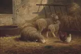 Charles Jacque, Sheep and chickens in a barnyard, oil on panel