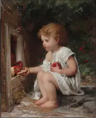 Léon Bazille Perrault, Feeding the chickens, oil on canvas