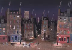 Michel Delacroix, Parisian scene at night, watercolor and gouache on paper