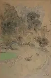 Édouard Vuillard, Le Bord de l'etang, circa 1935, pastel, charcoal and pencil on grey Tochon, Lepage et Cie paper