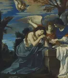 Eliseo Fattorini, Mary Magdalena at the grave of Christ after the composition by Il Guercino (1591 – 1666), mixed media on paper laid down on board