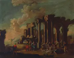 Leonardo Coccorante, Coastal capriccio with ruins and figures, oil on canvas