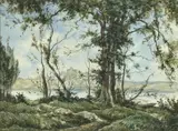 Henri Harpignies, A wooded river landscape