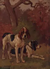 Louis Darey, A portrait of two hunting dogs, oil on panel