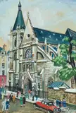 Lucien Génin, A street scene with church, gouache over traces of pencil on paper