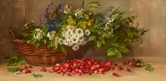 Ludwig Eibl, A still life of a basket of flowers surrounded by cherries, oil on canvas