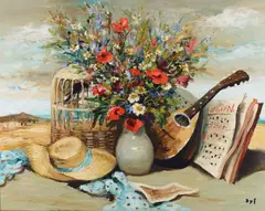Marcel Dyf, A still life with a vase of flowers, a caged bird, and a mandolin, oil on canvas