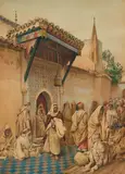 Filippo Bartolini, A bustling street, watercolor on paper