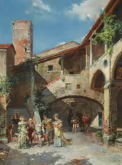 Cesare Auguste Detti, Courtyard conversation, oil on panel