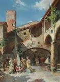 Cesare Auguste Detti, Courtyard conversation, oil on panel