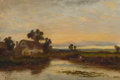 Daniel Sherrin, Boat by a Lakeside House; Two People on a Country Road (a pair) Signed lower left, both oil on canvas