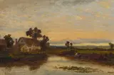 Daniel Sherrin, Boat by a Lakeside House; Two People on a Country Road (a pair) Signed lower left, both oil on canvas