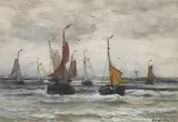 Hendrik Willem Mesdag, A coastal scene with boats, watercolor and gouache with chalk on paper