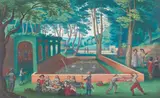 Friedrich Brentel, Gardens of a villa with elegant company eating by a pool near a grotto, bodycolor heightened with gold on vellum