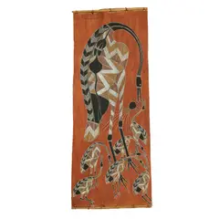 Brolga, Chicks and Bush Tucker by Thompson Yulidjirri, natural earth pigments on eucalyptus bark, sold Sep 2023