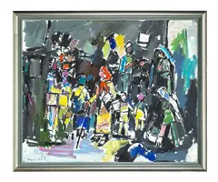 Pinchas Litvinovsky, Standing figures in grey, oil on canvas