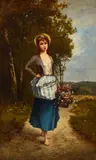 Léon Richet, Jeune fille au panier de fleurs, oil on canvas