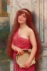 Aby Altson, A portrait of young woman in pearls with a tambourine, oil on canvas