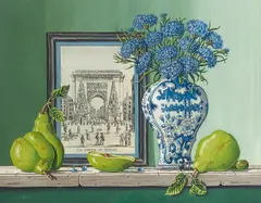 Rogers Turner, La Porte St. Denis with Cornflowers; Strawberries in a Delft sauceboat with "Soldat Hindou" (two works), both gouache on paper laid to board