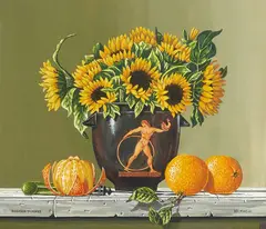 Rogers Turner, Greek vase with sunflowers and clementines; A cantaloupe and calendulas (two works), both gouache on paper laid to board