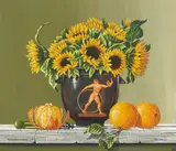 Rogers Turner, Greek vase with sunflowers and clementines; A cantaloupe and calendulas (two works), both gouache on paper laid to board