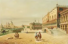 Marco Grubacs, Venice, a view of the Doge's Palace and Santa Maria della Salute from Riva degli Schiavoni, oil on canvas