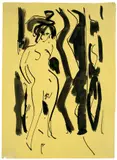 Stehender Akt by Ernst Ludwig Kirchner, Um 1910, Tuschpinsel und Rohrfeder auf gelbem Papier, sold Nov 2013