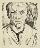 Max Beckmann, Selbstbildnis von vorn, im Hintergrund Hausgiebel, 1918, Kaltnadel auf Japan
