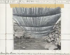 Christo, Over the River (Project), 1992, Grafit, Kohle, Wachskreide, Lackfarbe, Schwarzweißfotografie und Klebestreifen auf Karton, im originalen Acrylglasrahmen