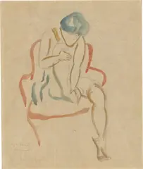 August Macke, Frau auf rotem Stuhl, 1912, Aquarell und Bleistift auf Papier, auf Karton aufgezogen