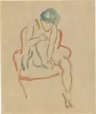 August Macke, Frau auf rotem Stuhl, 1912, Aquarell und Bleistift auf Papier, auf Karton aufgezogen