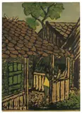 Otto Mueller, Zwei Zigeunerkinder vor der Hütte, 1926, Farblithographie auf braunem Papier