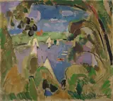 Oskar Moll, Blick auf die Havel ,Großes Fenster‘, Berlin, 1916, Öl auf Leinwand, auf Pappe aufgezogen