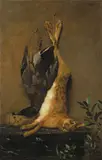 Otto Scholderer, Jagdstilleben mit aufgehängtem Hasen und einer Ente als Pendant“. 1890er Jahre (?), Öl auf Leinwand. Doubliert