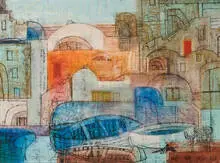 Eva Fischer, Untitled (cityscape), 1961, Oil on masonite