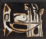 Figures and Head by Emerson Woelffer, 1947-50, Roofing tar, oil and asphalt on oatmeal board mounted on canvas, sold Dec 2011