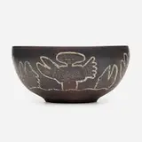 Early and Large bowl by Edwin and Mary Scheier, c. 1955, glazed stoneware with sgraffito decoration, sold Mar 2021
