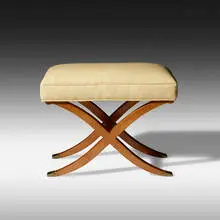 attribution Jules Leleu, Stool, c. 1950, maple, vinyl, brass