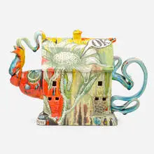 Teapot form by Michael Lucero, 2009, glazed and hand-painted earthenware, sold Mar 2021