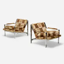 Cy Mann, Lounge chairs, pair, c. 1975, chrome-plated steel, upholstery